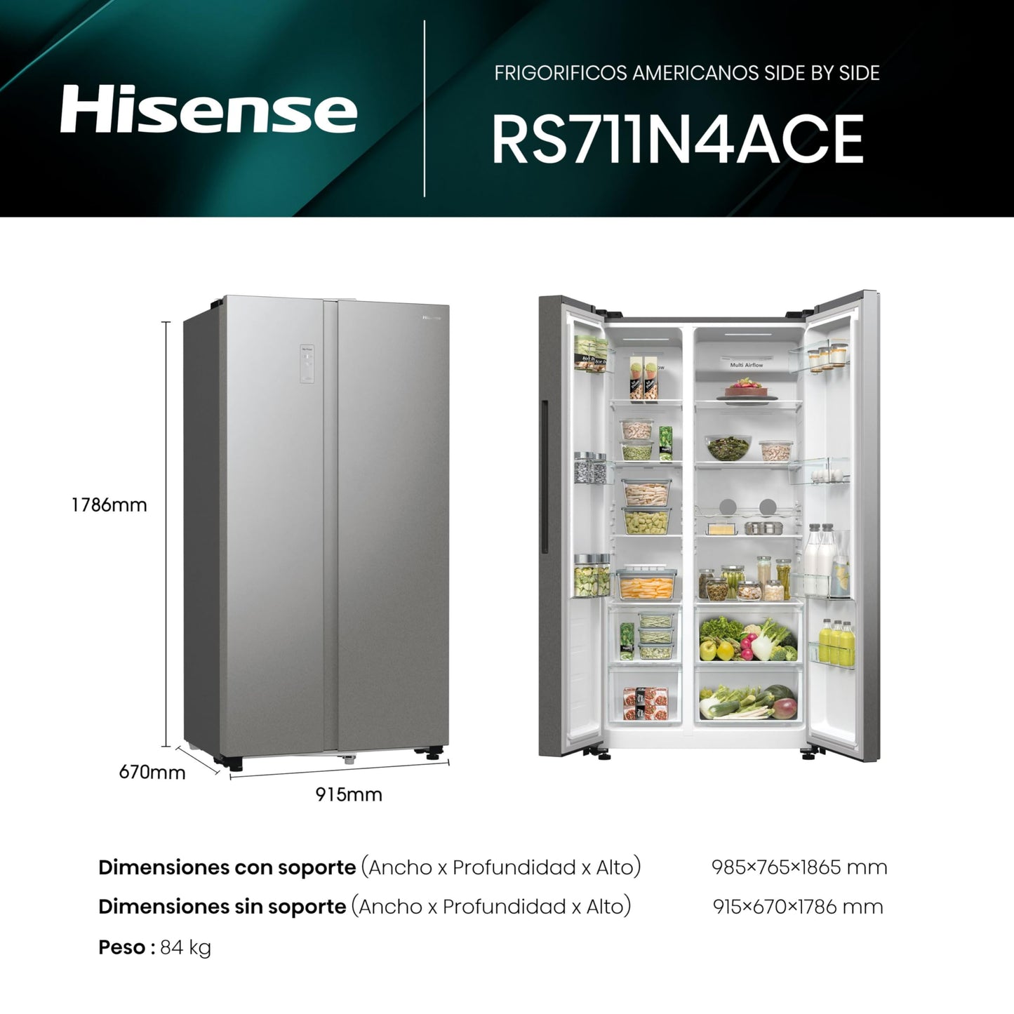 Hisense RS711N4ACE- Frigorífico Side by Side, Capacidad 547 L con 178.6 cm Alto, No Frost, Super Freeze, Alarma de Puerta Abierta, Modo Vacaciones, Freezer Convert, Bajo Nivel de Ruido ,Clase E, Inox