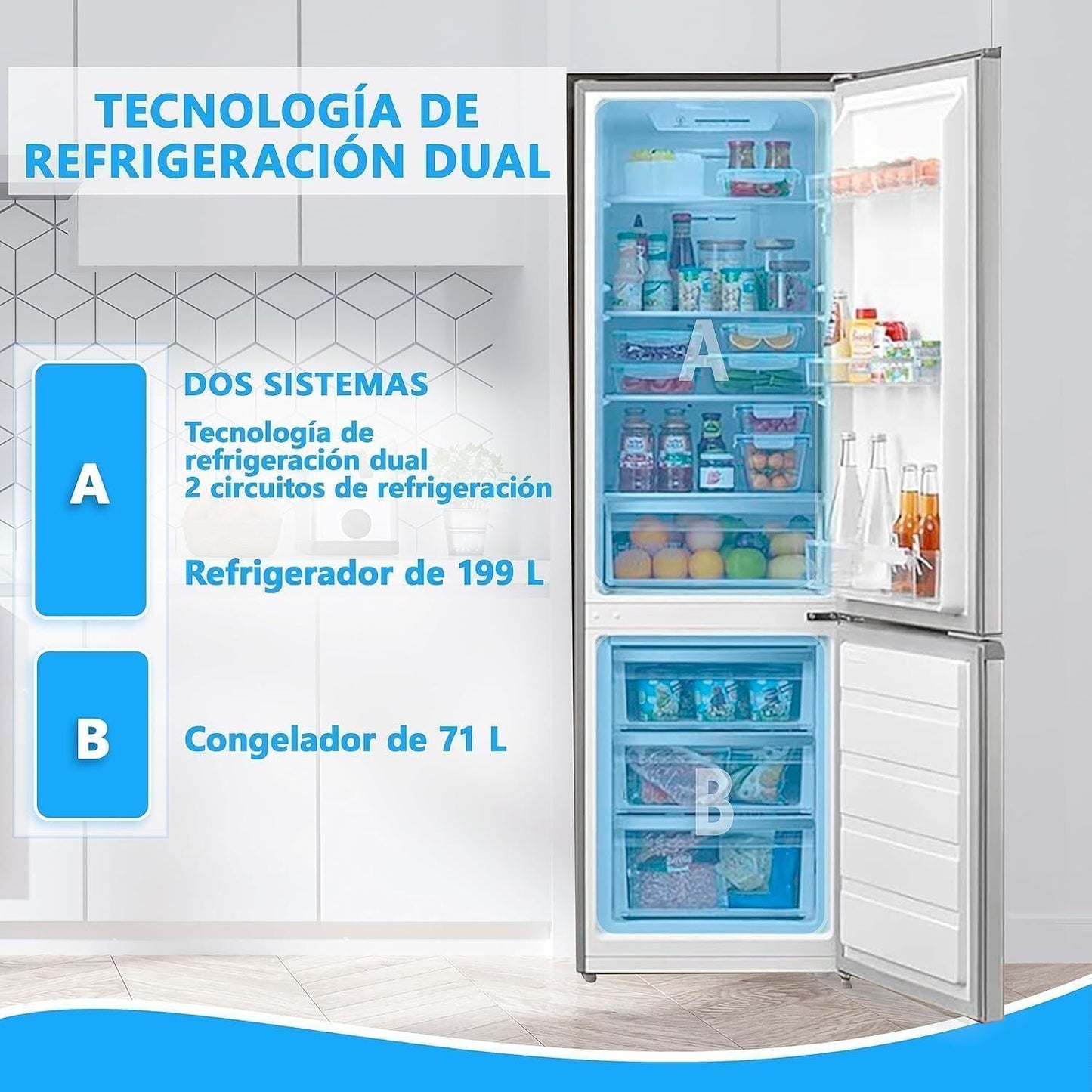 Midea Frigorifico Combi No Frost | 55 cm ancho x 180 cm | Inox | 270L de Capacidad - Nevera Libre Instalación con Congelador Vertical - Refrigerador de Bajo Consumo con Sistema Multi Air Flow
