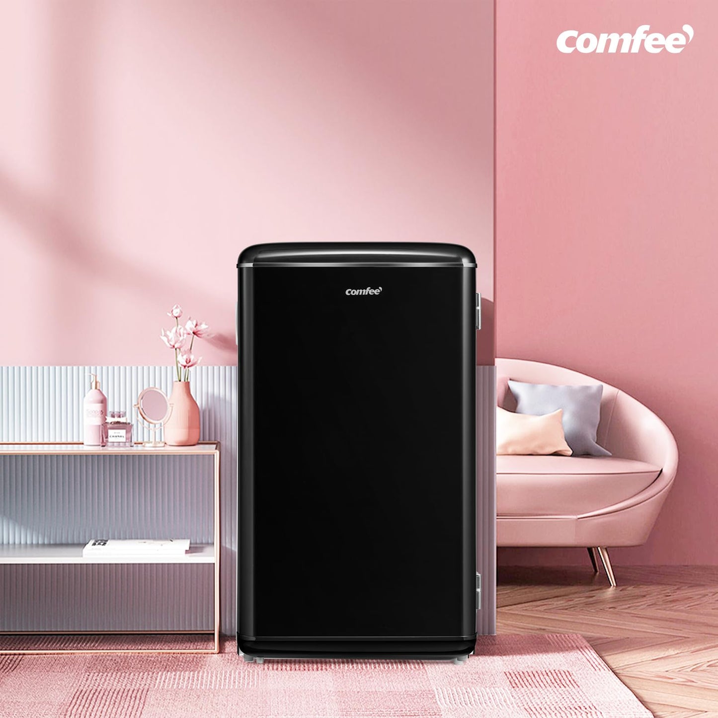 Comfee' RCD93BL2EURT(E) Refrigerador Bajo Encimera, 93L, Refrigerador Retro Independiente con Compartimento Enfriador, Termostatos Ajustables, Luz LED, Negro