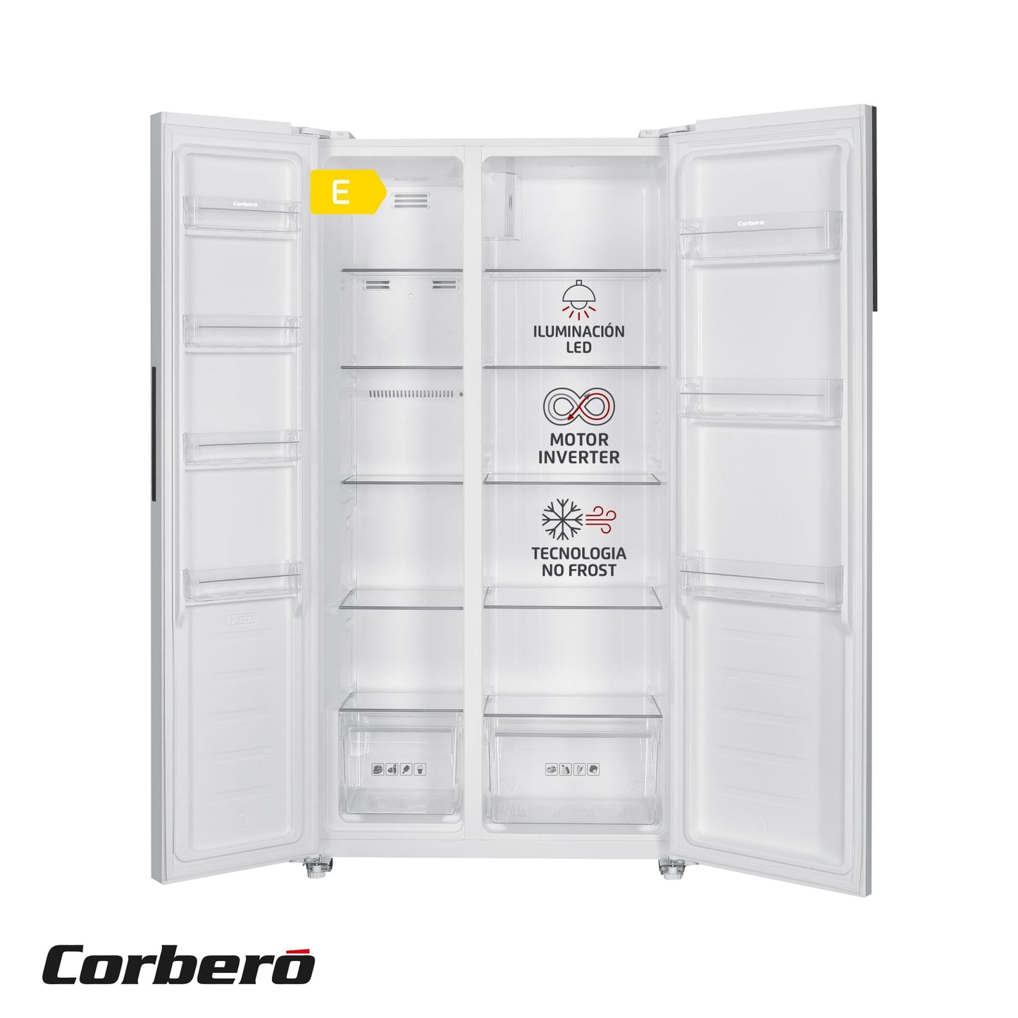 Corbero - Frigorífico Americano CFSBSH634NFW | 442LNo Frost | Inverter | Display en Puerta | Luz LED | 2 Cajones | Función ECO | Estantes de Cristal | Silver Trim | 39 dB | Blanco
