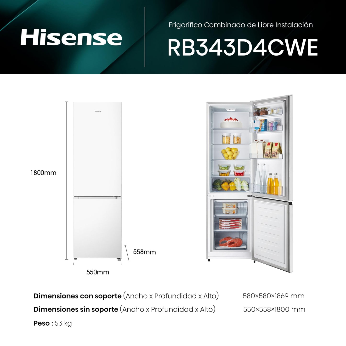 Hisense RB343D4CWE - Frigoríficos Combi, 269L, Clase E, An 55cm x Al 180cm, Apertura de Puertas 90º, Puerta Reversible, Cajón Frutas y Verduras, Iluminación Led, Balconera de Gran Capacidad, Blanco