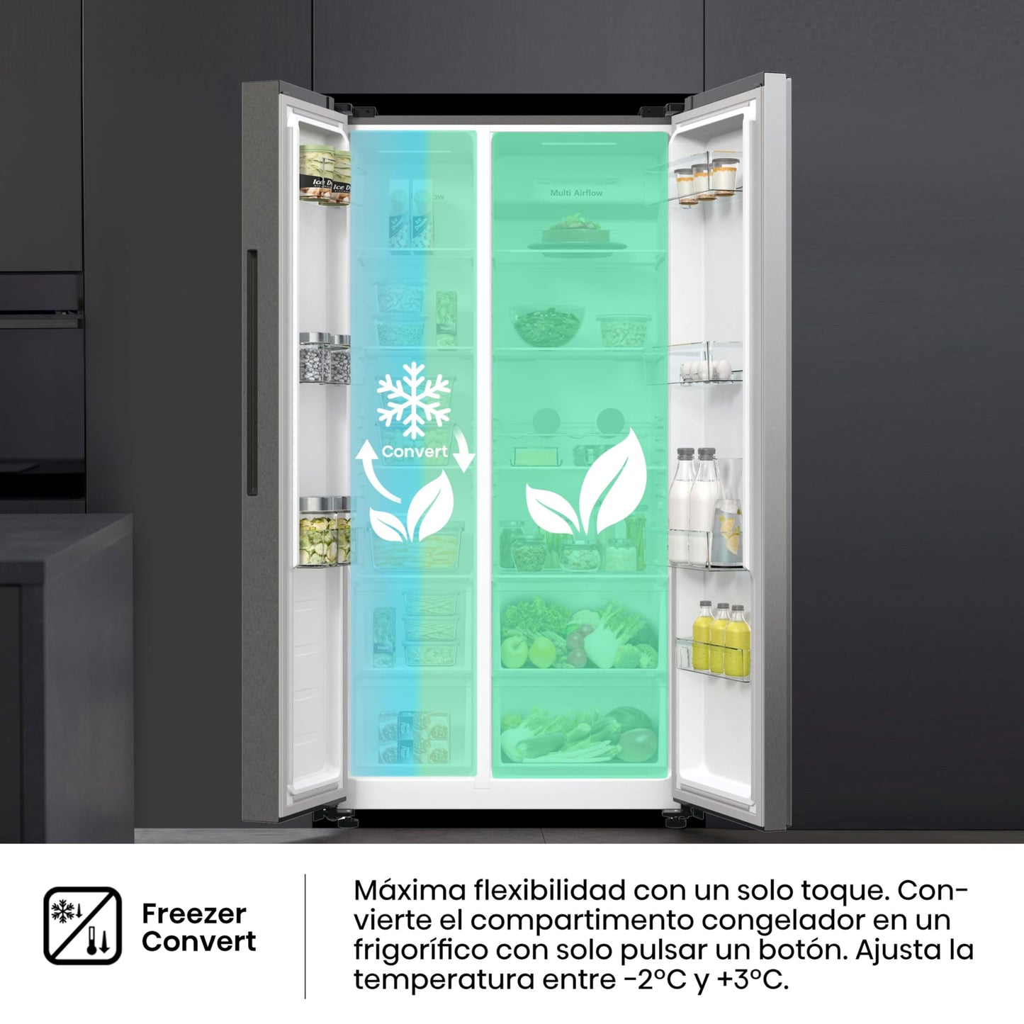 Hisense RS711N4ACE- Frigorífico Side by Side, Capacidad 547 L con 178.6 cm Alto, No Frost, Super Freeze, Alarma de Puerta Abierta, Modo Vacaciones, Freezer Convert, Bajo Nivel de Ruido ,Clase E, Inox