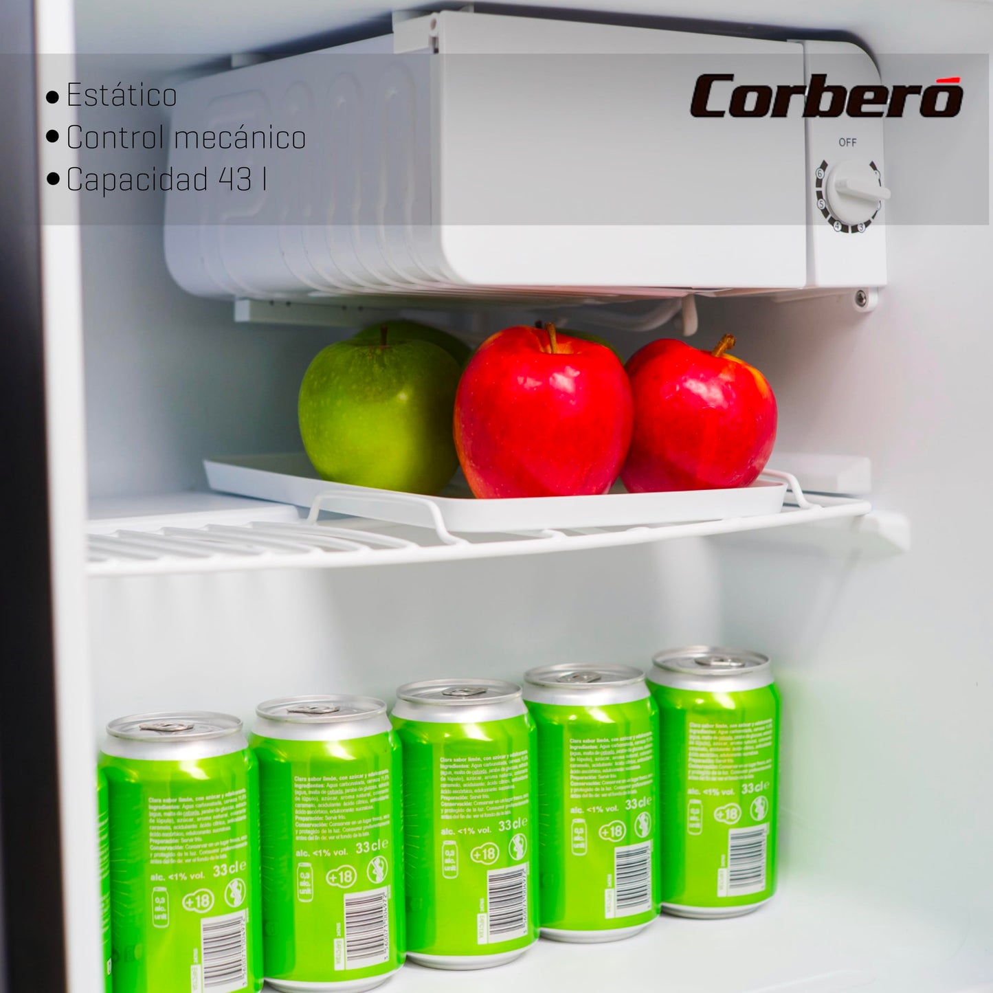 Corberó Mini Bar 43L Negro, Estático, Rango de Temperatura 1-10 ºC, Puerta Reversible, Bajo Ruido 41 dB, Clase Energética E