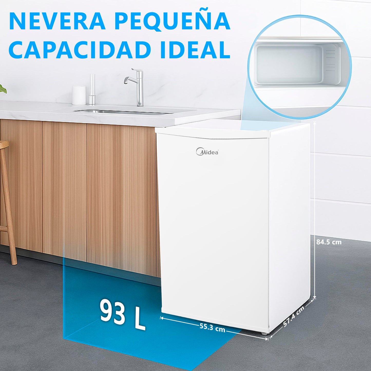 Midea Nevera Pequeña 93L - Mini Frigorífico Compacto para Hogar y Oficina - Frigorífico Pequeño Bajo Consumo Sin Congelador - Mini Bar Silencioso para Caravana y Camping con Zona fría de 0º/-3º