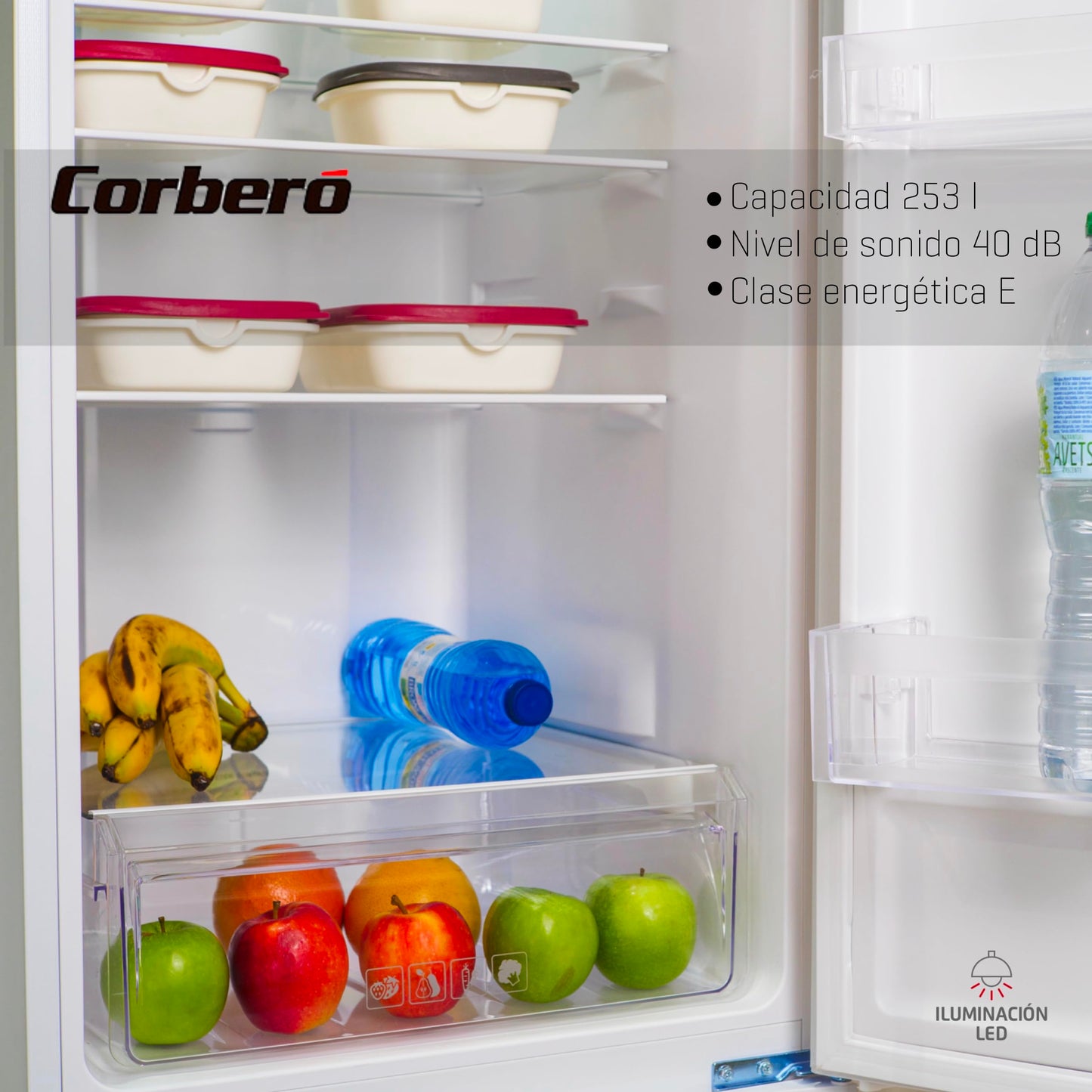 Corbero - Frigorífico Combi No Frost | CCH18024X | 253L | 60x54,5x181 | Luz LED | Crisper | Estantes de Cristal | 40 Db | Blanco