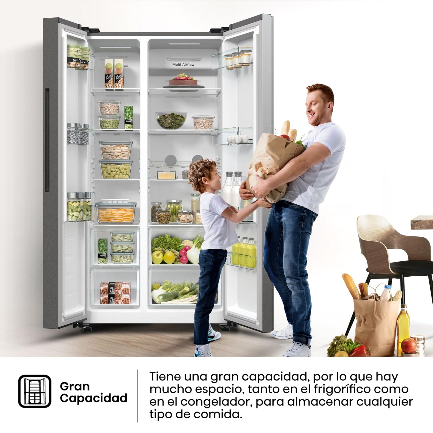 Hisense RS711N4ACE- Frigorífico Side by Side, Capacidad 547 L con 178.6 cm Alto, No Frost, Super Freeze, Alarma de Puerta Abierta, Modo Vacaciones, Freezer Convert, Bajo Nivel de Ruido ,Clase E, Inox