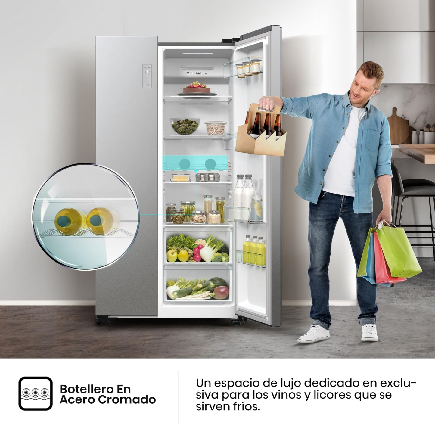 Hisense RS711N4ACE- Frigorífico Side by Side, Capacidad 547 L con 178.6 cm Alto, No Frost, Super Freeze, Alarma de Puerta Abierta, Modo Vacaciones, Freezer Convert, Bajo Nivel de Ruido ,Clase E, Inox