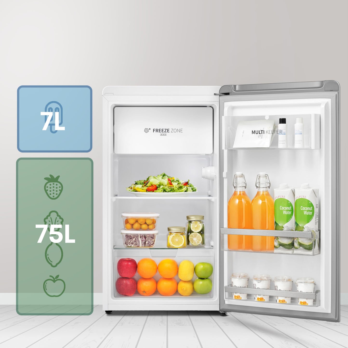 Hisense MUR48082E- Frigorífico Una Puerta, Table Top, Congelador, Class E, Capacidad 82L con 87 cm Alto, Congelador Freeze Zone, Cajón frutas y verduras, Silencioso 36 dBA, Color Blanco