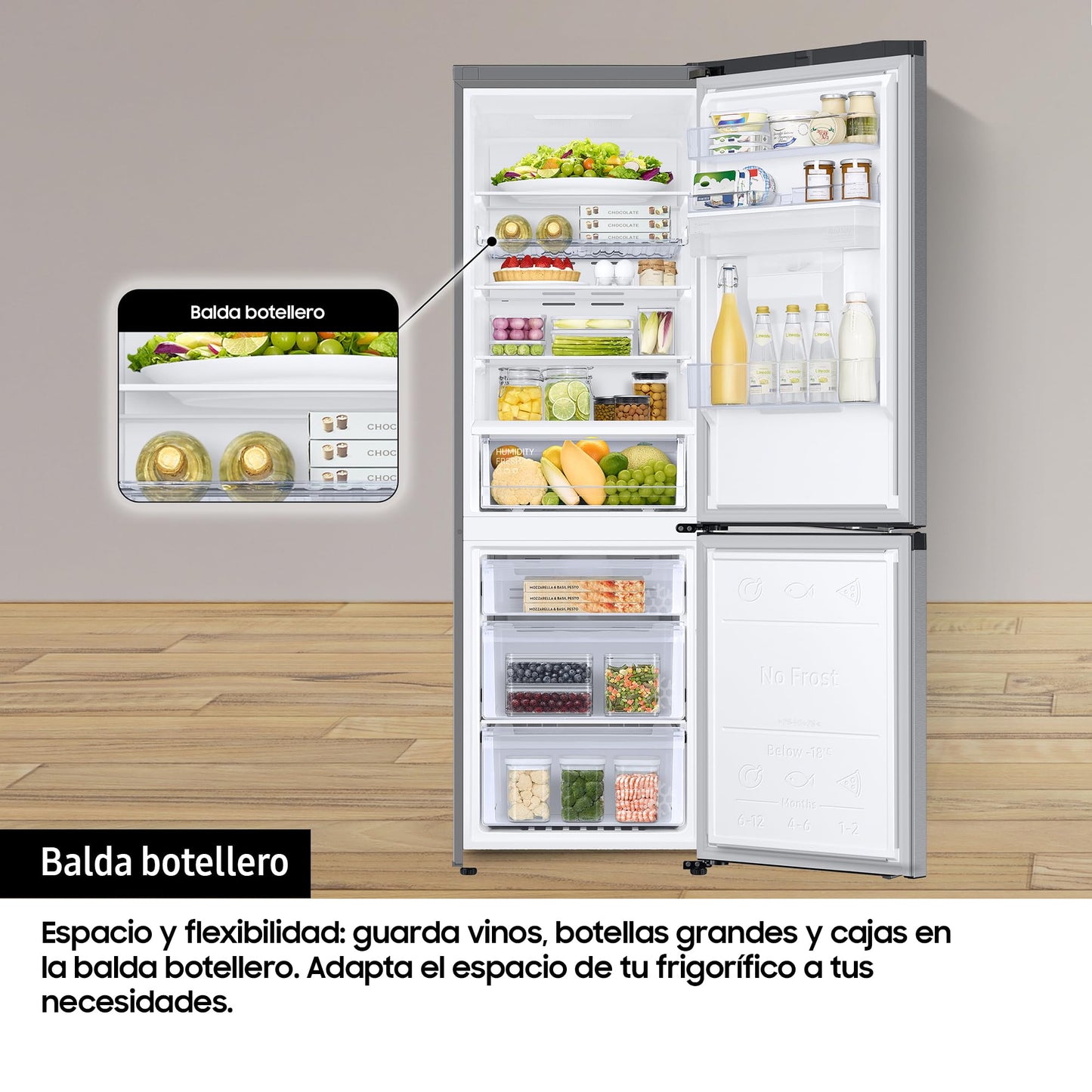 Samsung Frigorífico Combi IA 185.5cm Balda Botellero, Dispensador de agua 341L Clase D Plata RB34C632DSA/EF