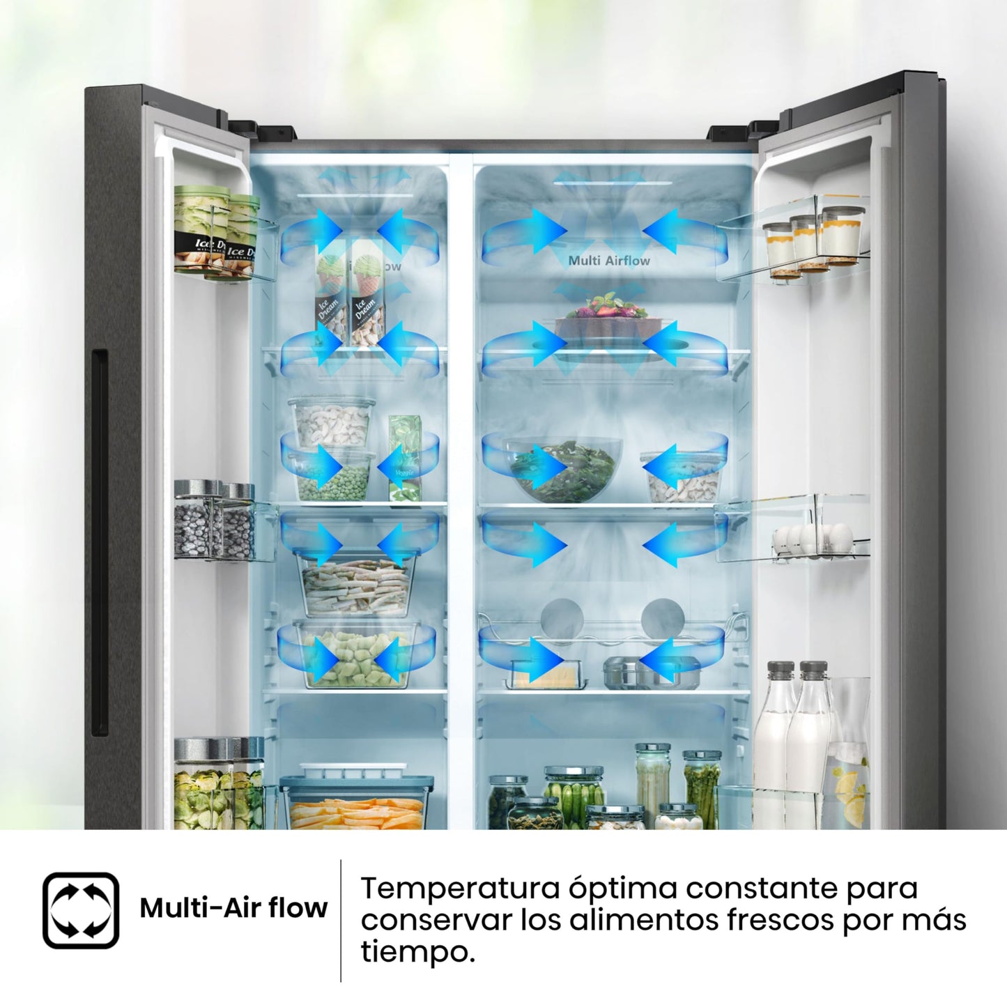 Hisense RS711N4ACE- Frigorífico Side by Side, Capacidad 547 L con 178.6 cm Alto, No Frost, Super Freeze, Alarma de Puerta Abierta, Modo Vacaciones, Freezer Convert, Bajo Nivel de Ruido ,Clase E, Inox