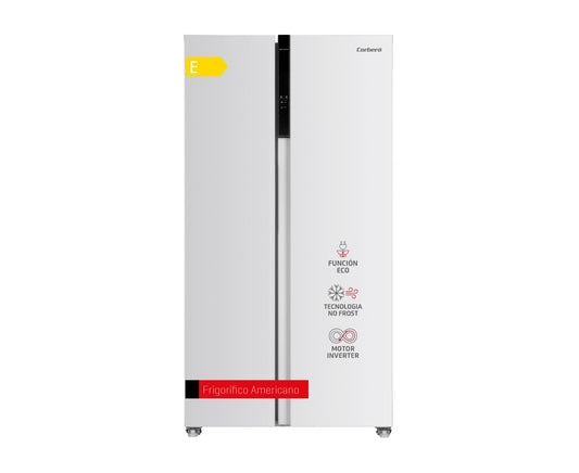 Corbero - Frigorífico Americano CFSBSH634NFW | 442LNo Frost | Inverter | Display en Puerta | Luz LED | 2 Cajones | Función ECO | Estantes de Cristal | Silver Trim | 39 dB | Blanco