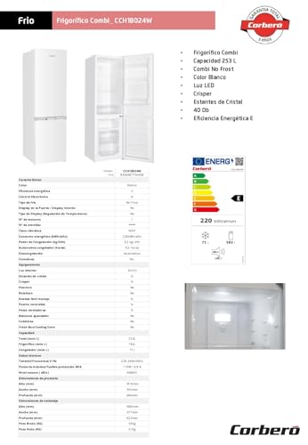 Corbero - Frigorífico Combi No Frost | CCH18024X | 253L | 60x54,5x181 | Luz LED | Crisper | Estantes de Cristal | 40 Db | Blanco