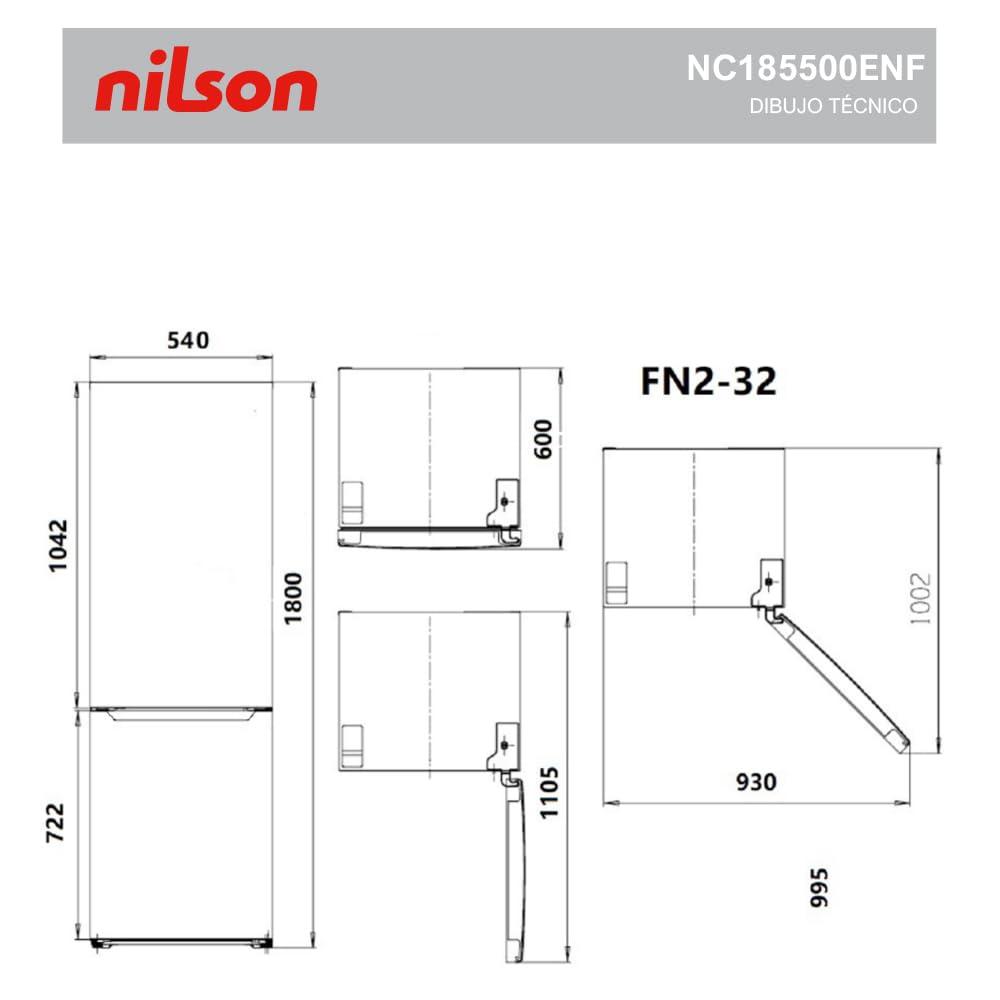 NILSON Frigorífico Combi Blanco, 2 Puertas. NC185500ENF, Capacidad 253 Litros, No Frost, Multi Air Flow, Bajo Nivel Sonoro, Puerta Reversible, Clasificación Energética E
