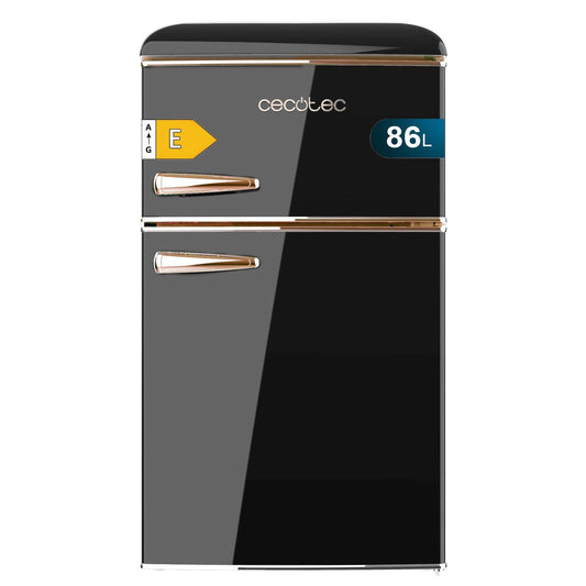 Cecotec Nevera Pequeña Frigorífico 2 Puertas Retro 86L Bolero CoolMarket 2D Origin 86 Black E. 89,3cm de Alto y 48,7cm de Ancho, Clase Energética E, Icebox, Luz Interior y Tirador Cromado, Negro