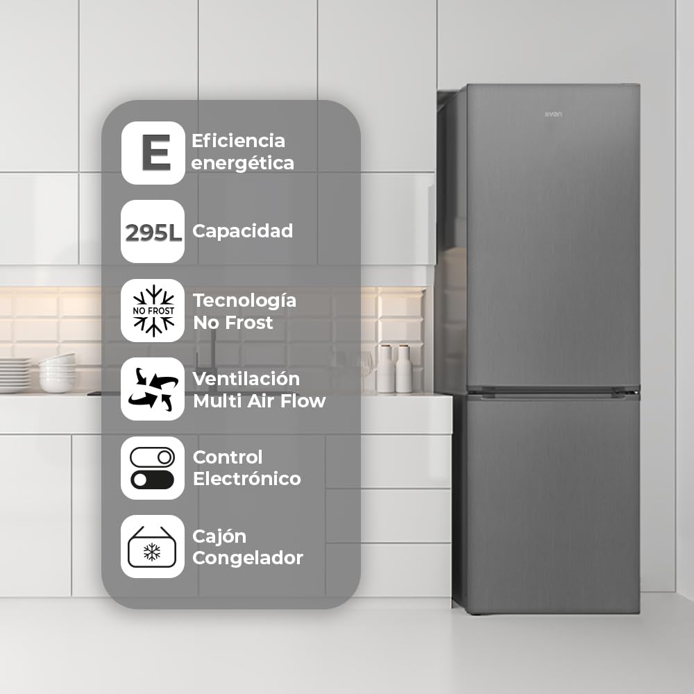 SVAN Frigorífico Combi 2 Puertas Inox SC185602ENFX. Capacidad 295 Litros, No Frost, Multi AirFlow, Puerta Reversible, Bajo Nivel Sonoro, Eficiencia Energética Clase E