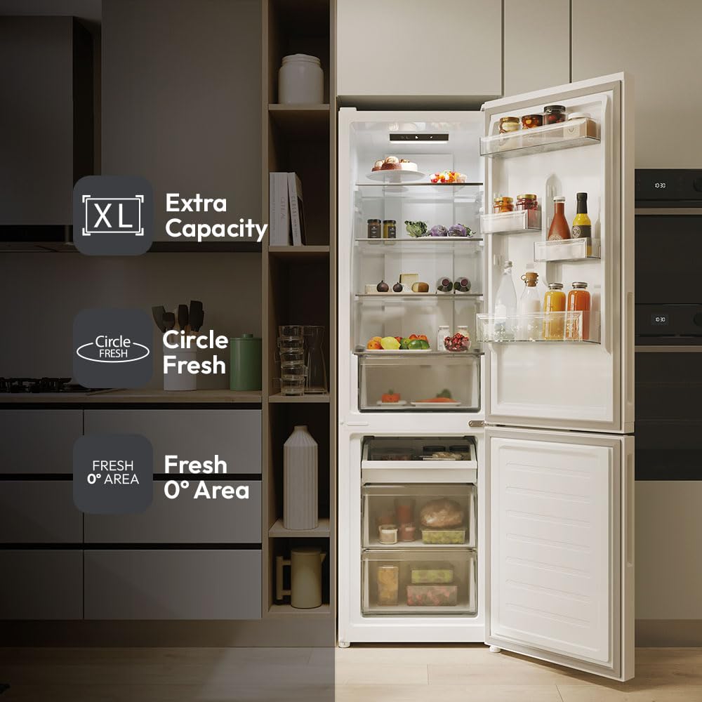Candy City Fresco 300 CNCQ2T518EW, Frigorífico Combi, 280L, Ancho 55cm, Altura 182cm, Total No Frost Circle+, Cajón Verdulero, Control Interno Digital, Iluminación LED, Puerta Reversible, 37DB, Blanco