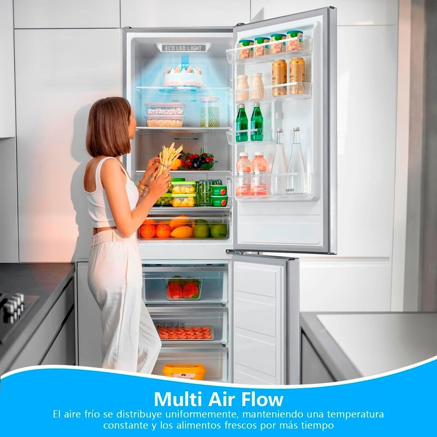 Midea Frigorífico Combi No Frost | 60 cm ancho x 188 alto cm | Inox | Nevera libre instalación 224 L + 86 L Congelador - Refrigerador de bajo consumo con congelador vertical