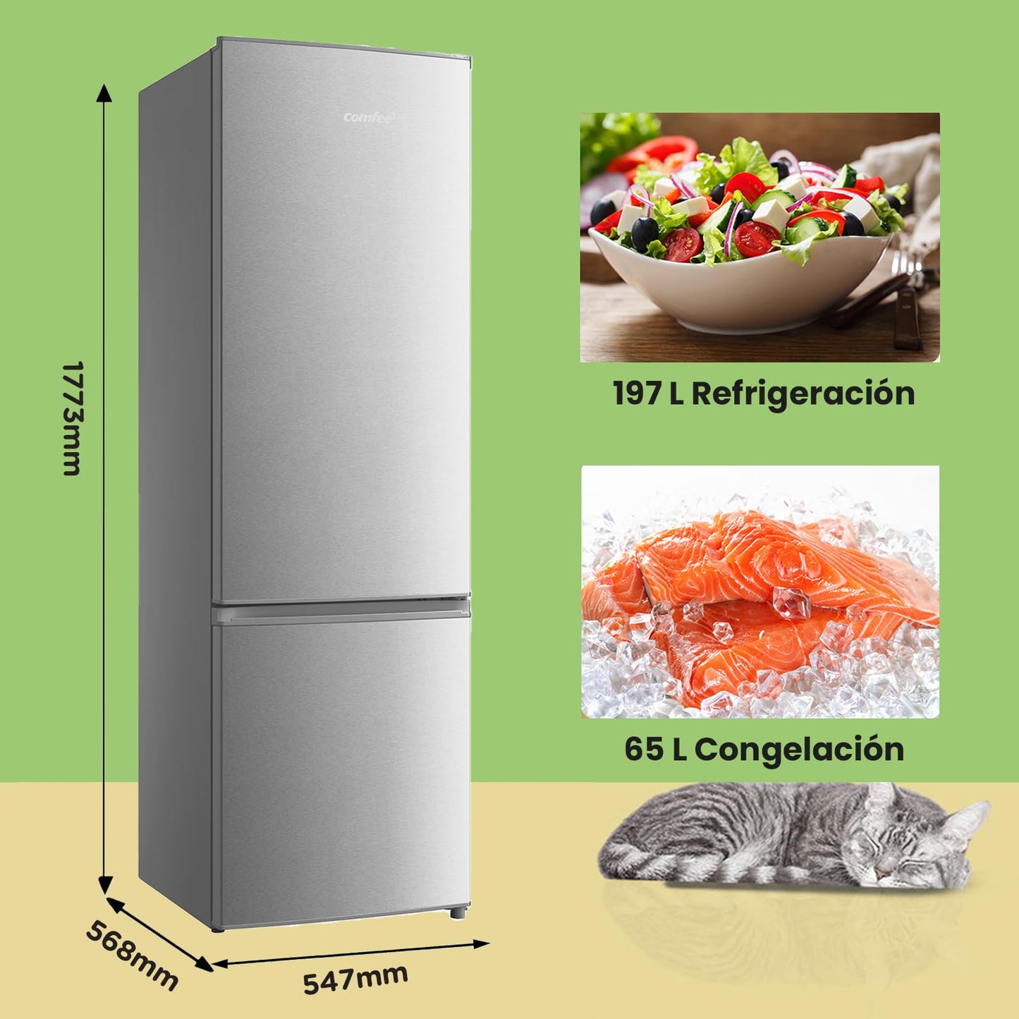 Comfee' RCB359IX2 Frigorífico combinado, 262L, Gran capacidad, Low frost, Altura 177,3 cm, Bajo nivel de ruido 39 dB, Luz LED, Temperatura regulable, Acero inoxidable[Clase E]