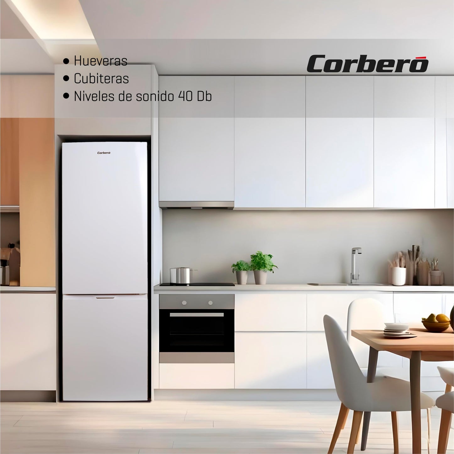 Corbero - Frigorífico Combi No Frost | CCH18024X | 253L | 60x54,5x181 | Luz LED | Crisper | Estantes de Cristal | 40 Db | Blanco