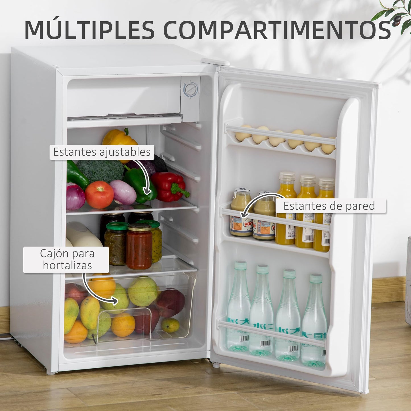 HOMCOM Mini Refrigerador 91L Nevera Pequeña Silencioso con Estante Ajustable Compartimento Congelador y Control de Temperatura Mecánico 47,5x44.2x84 cm Blanco