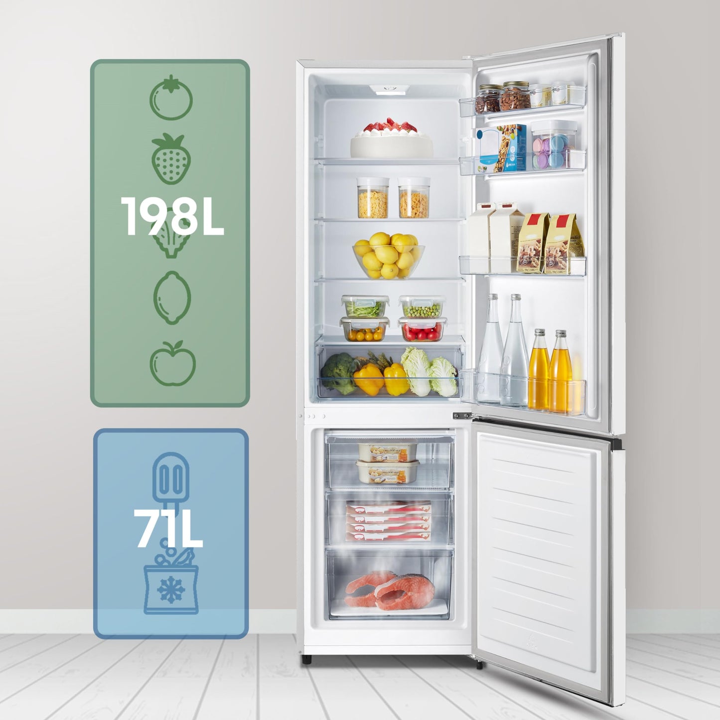 Hisense RB343D4CWE - Frigoríficos Combi, 269L, Clase E, An 55cm x Al 180cm, Apertura de Puertas 90º, Puerta Reversible, Cajón Frutas y Verduras, Iluminación Led, Balconera de Gran Capacidad, Blanco